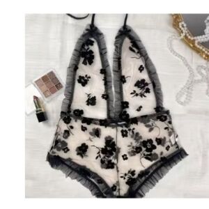 Sheer Black Floral Lace Romper Bodysuit